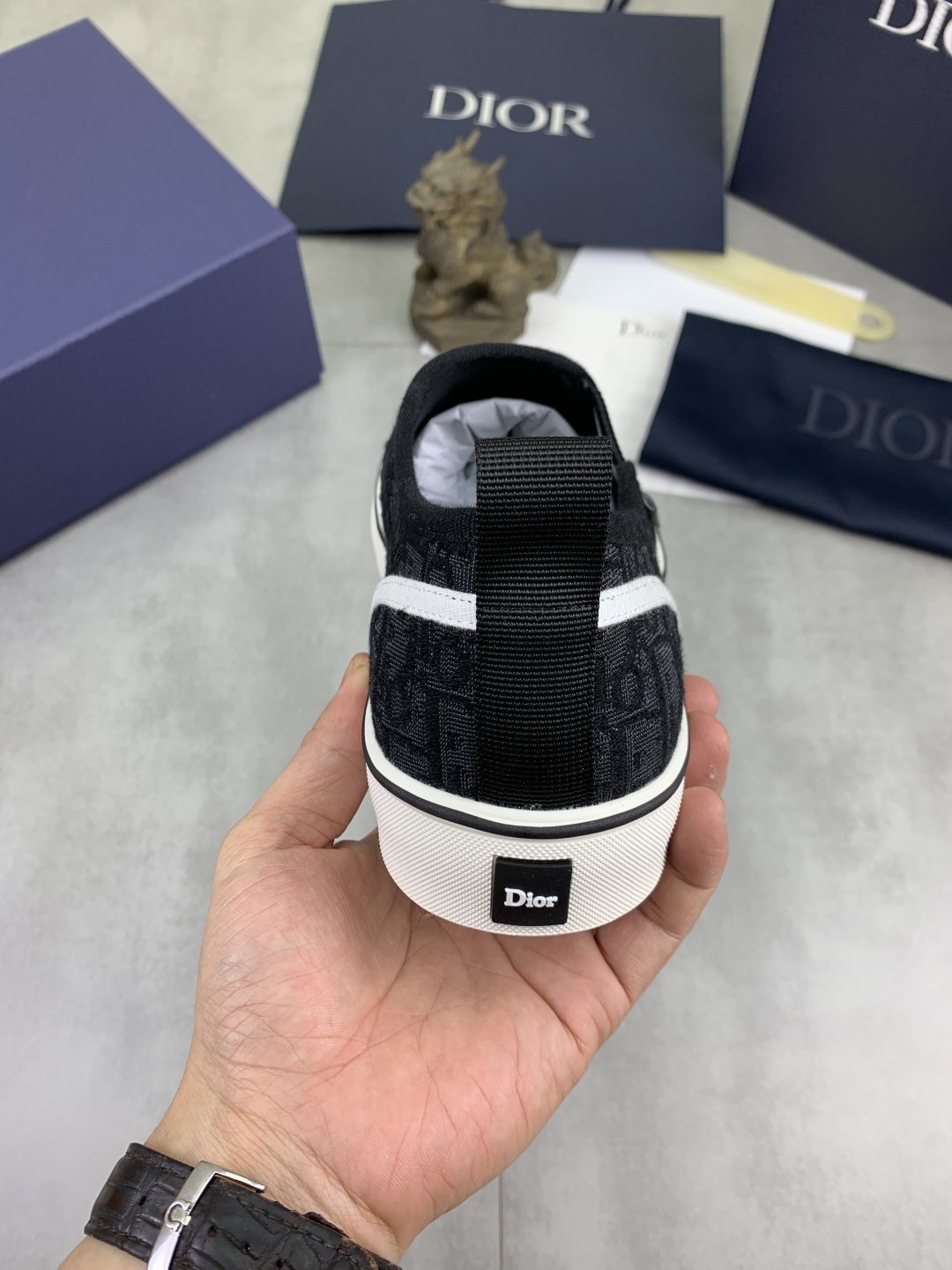 Dior Logo-Pattern Canvas Slip-On Sneakers - Black and White