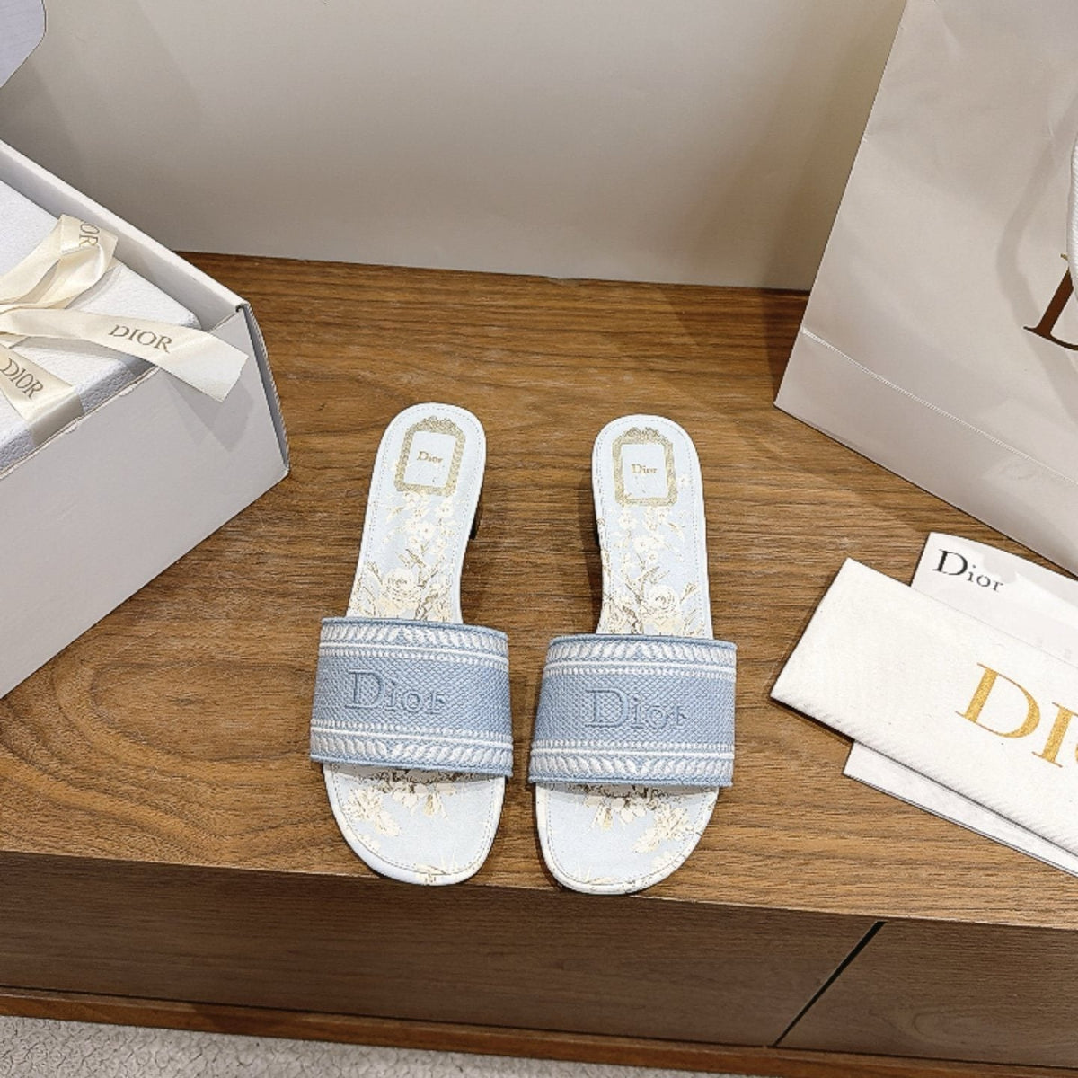 Dior Women's Light Blue Embroidered Slide Sandals