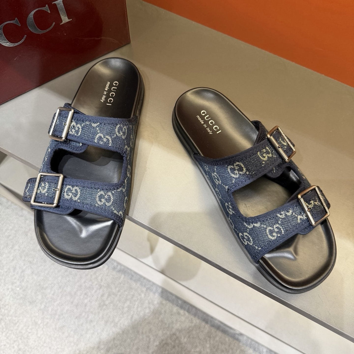 Gucci Men's Double-Buckle Monogram Slide Sandals