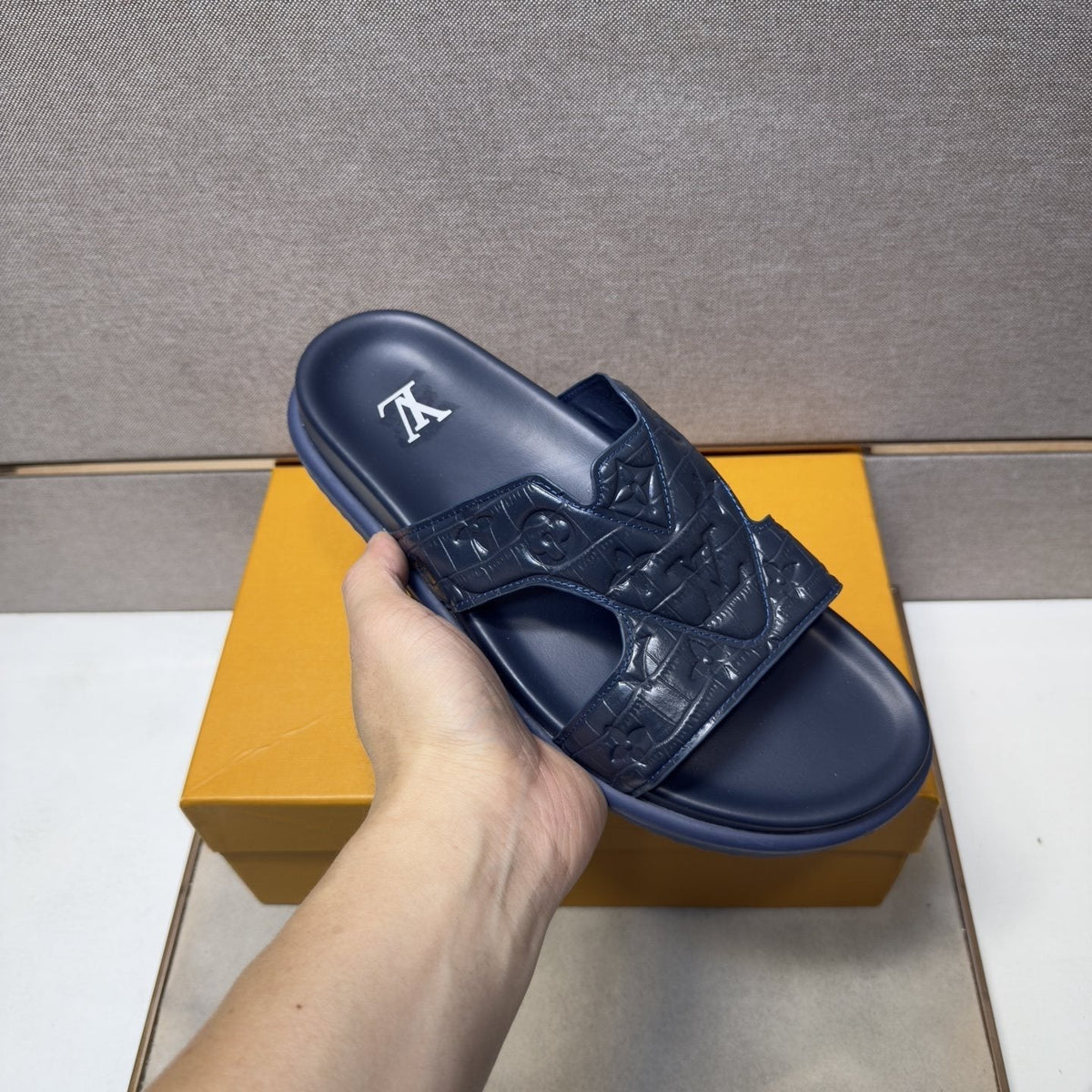 Louis Vuitton Men's Textured Monogram Slide Sandals
